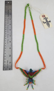 Orange, Green, and Purple Hand-Beaded Small Hummingbird Necklace