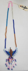 Blue, Tan, Pink, and White Hand-Beaded Large Hummingbird Necklace
